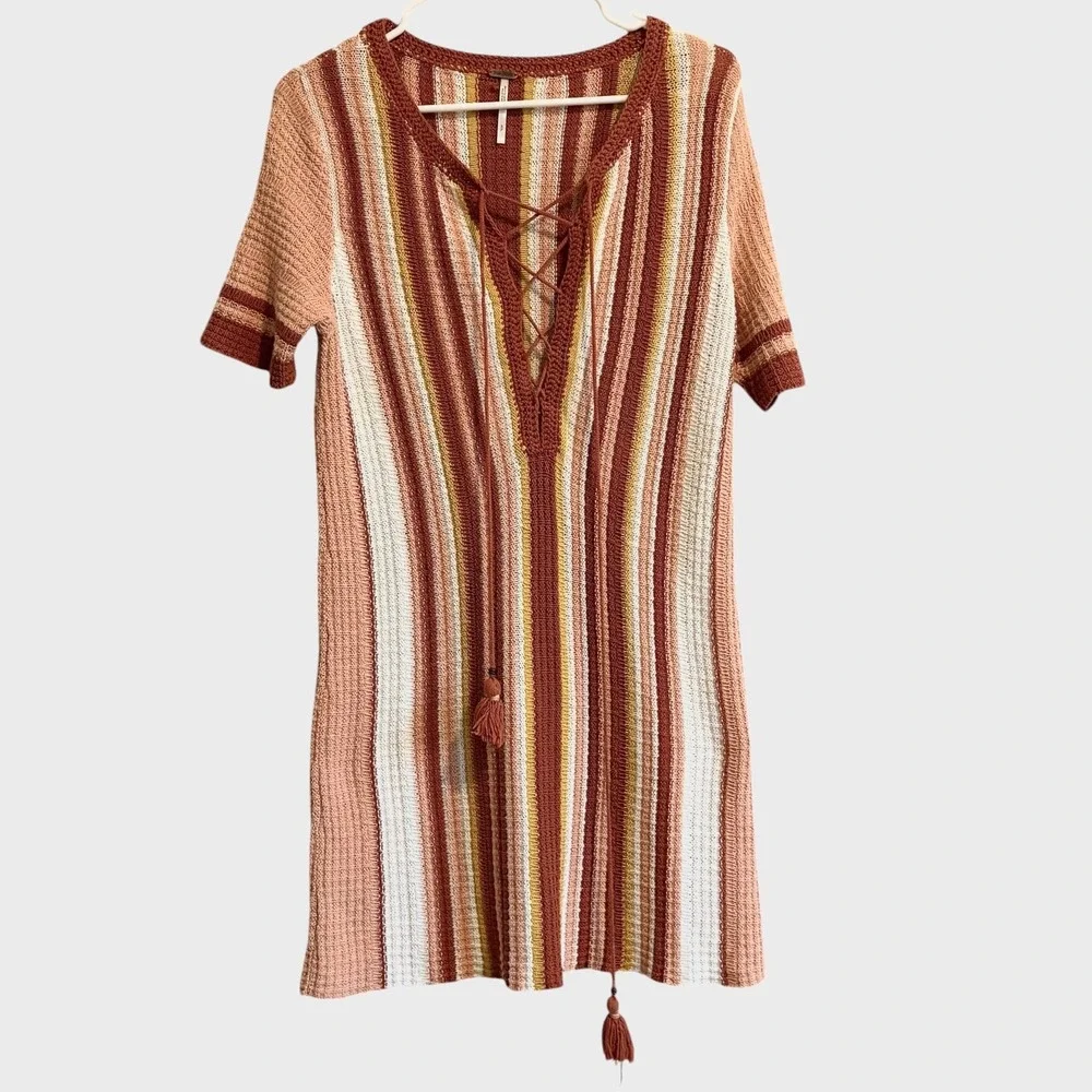 Free People Lollypop‎ Crochet Mini Dress SZ S Striped Retro Bohemian Sunset 70's